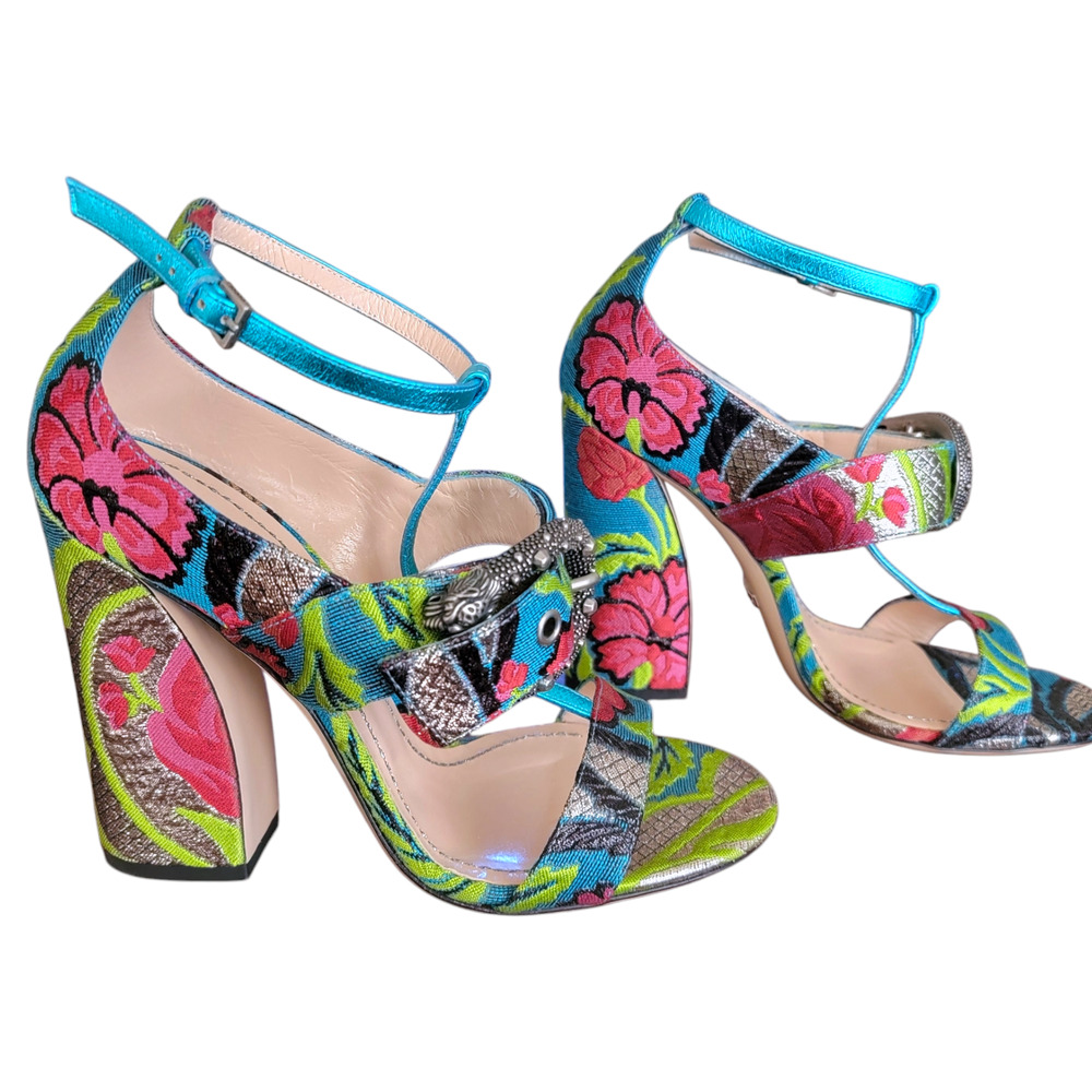 Gucci Dionysus Brocade Floral T Strap High Heels Sandals Green Black 7.5 37.5